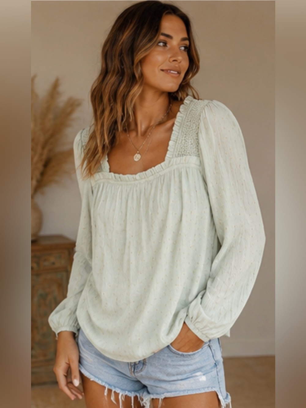 MINE Smocked Swiss Dot Peasant Blouse | Sage Green | Size Medium